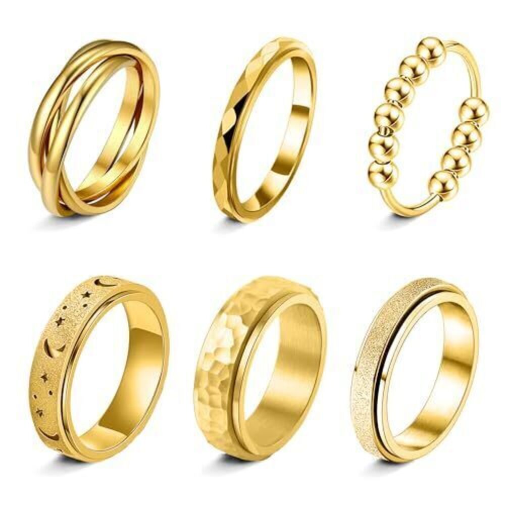 5638 18K Gold Plated Fidget Rings for Anxiety 6pcs Stainless Steel Spinner